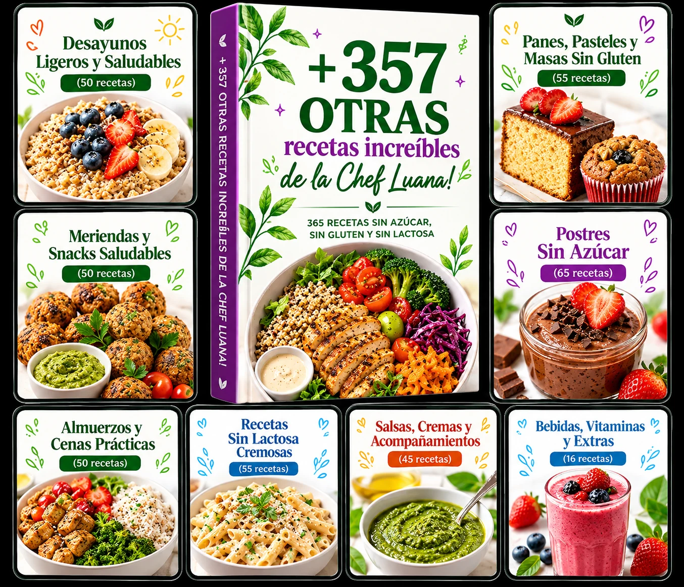 Mosaico con vista previa de las 357 recetas extras de la Chef Luana